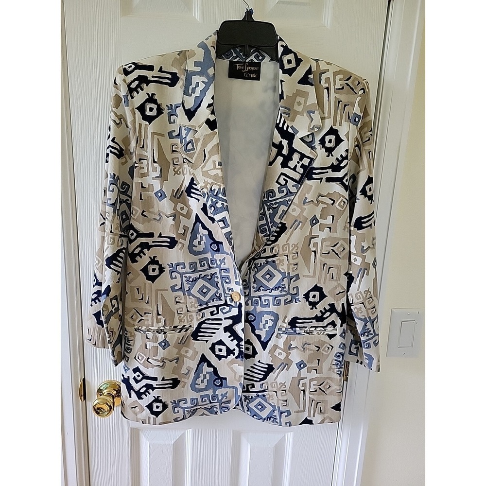 Toni Garment for CCMagic Blazer L No‎ Size Tag Vintage Abstract Blue Tan Pockets